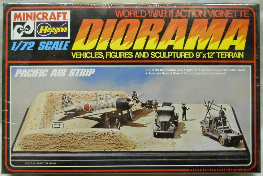 Hasegawa 1/72 Pacific Airstrip Diorama with Revetment Coral Base / Zero Fighter / TX-40 Fuel Truck / GS Starter Truck / Japanese Ground Crew, 601 plastic model kit